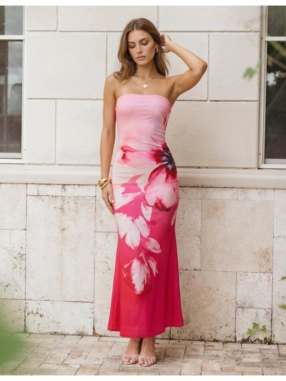 Women's Pink Summer Formal Off Shoulder Strapless Floral Bodycon Maxi Dress - Picture 2 of 7